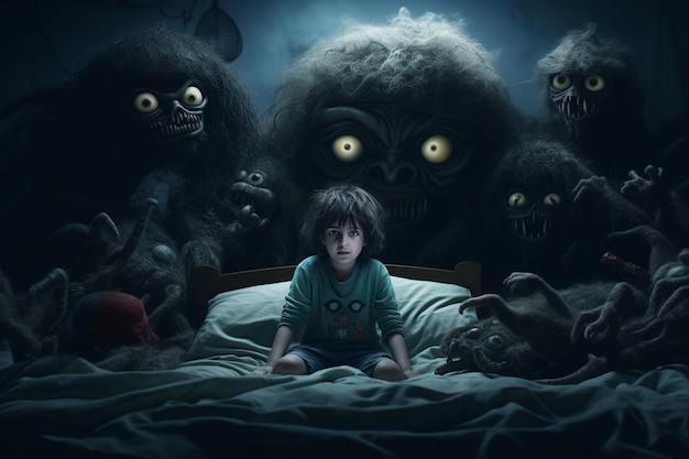 Baby bad dreams nightmares night terrors sleep problems gloomy dreaming baby night sleep therapy baby bedroom bed monsters in the imagination monsters on the wall and under the bed ghosts