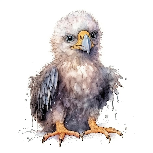 Baby Bald Eagle watercolor with ink outline on white background high detailed generative AI