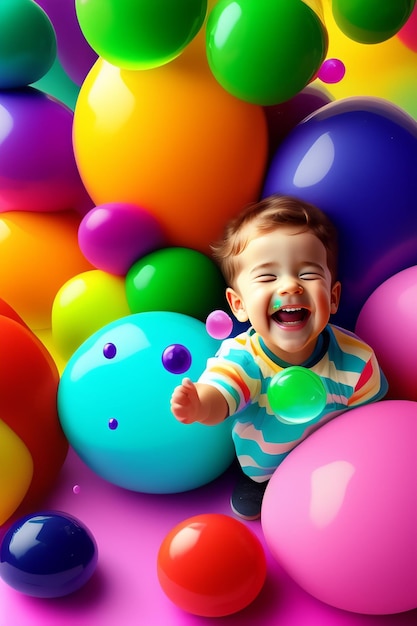 Foto un bambino in una vasca di palline circondato da palloncini colorati