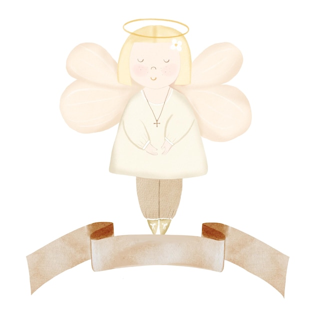 Baby baptism watercolor card illustrations angel on isolated white background cute clipart for