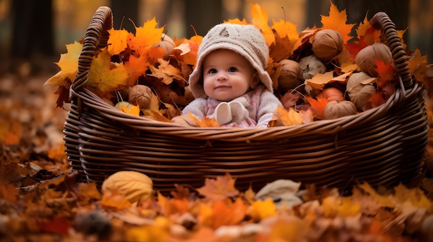 Baby in a basket surrounded by autumn leaves