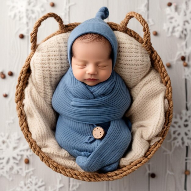 A baby in a basket that has a blue outfit on it Premium AIgenerated