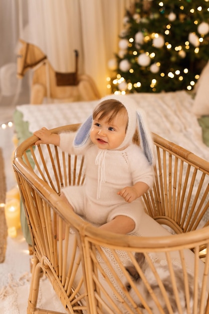 Baby in a basket with a christmas tree in the background