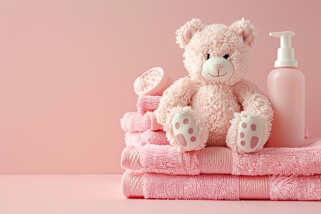 赤ちゃんの浴用品ピンクのタオルとピンク色のシャンプーボトルのモッケージ ピンクの清潔な表面でテキストまたは製品広告のためのジェネレーティブAI