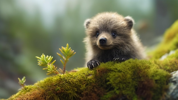 苔むした枝の上に赤ちゃんクマがいます。