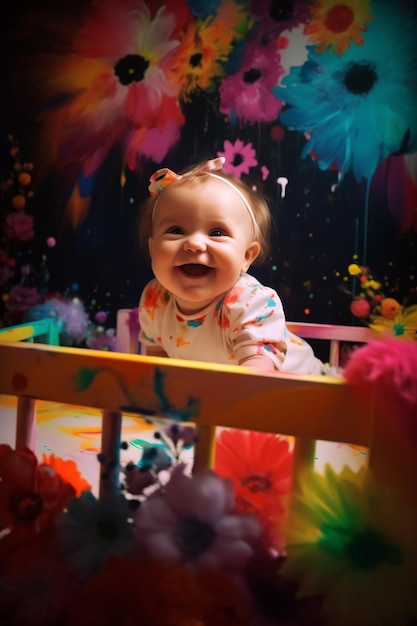 Baby in a bed with feathers on the wall