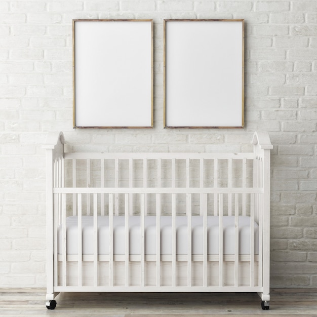 Baby bed with two posters on the white brick wall