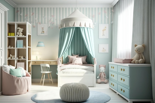 Фото Детская спальня с удобной кроватью в современной детской комнате, созданная с помощью генеративного искусственного интеллекта