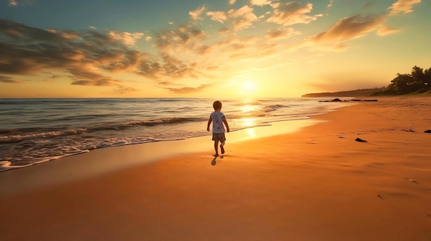 baby benen lopen op zonsondergang op het strand zand zonnestraal fakkels op zee water golf zomervakantie