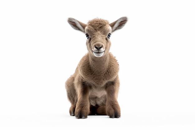 A baby Bighorn sheep sits on a white background