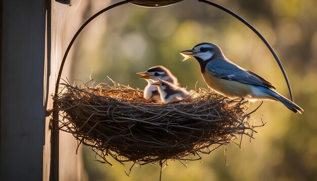 Photo a baby bird is in a nest with a baby bird