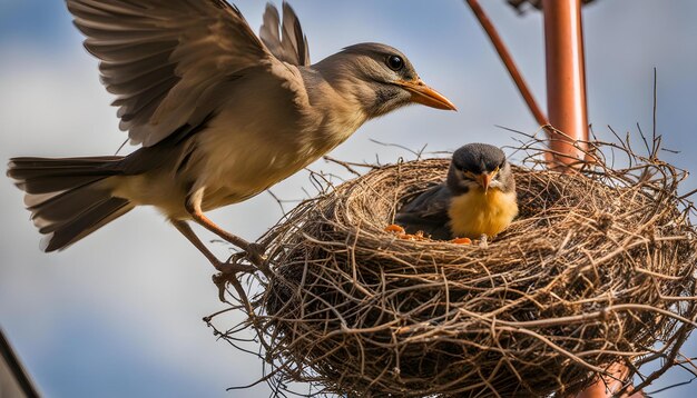 Photo a baby bird is in a nest with its mother