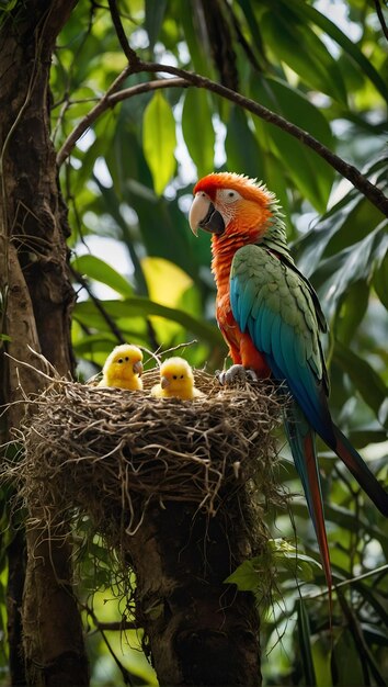 새끼 새는 새끼 새끼 세 마리와 함께 둥지에 앉아 있습니다.