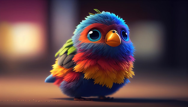 A baby bird with a blue eye and a yellow beak.