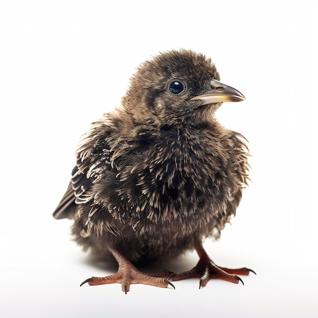 A baby bird with brown feathers and black feathers is sitting on a white surface.