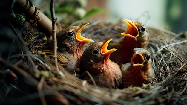 Baby birds being fed by their mother Generate Ai