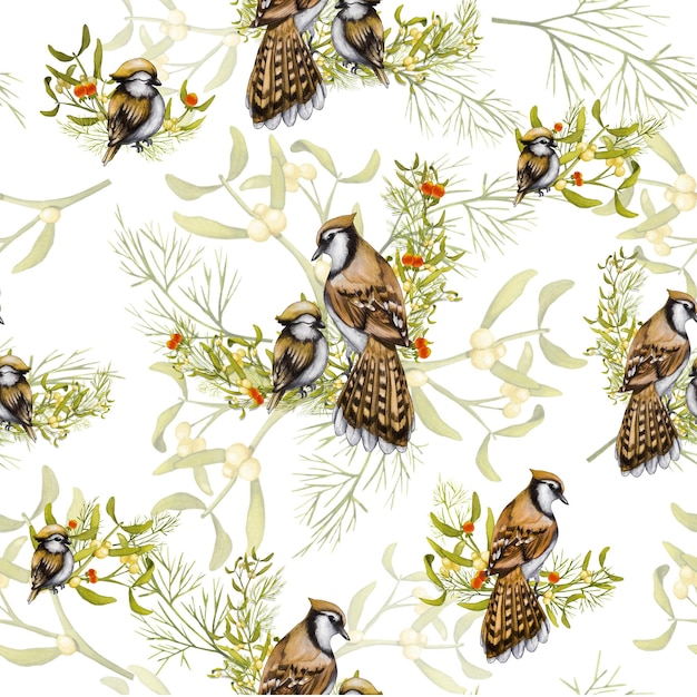 Baby birds on a branch seamless pattern leaves mistletoe watercolor background