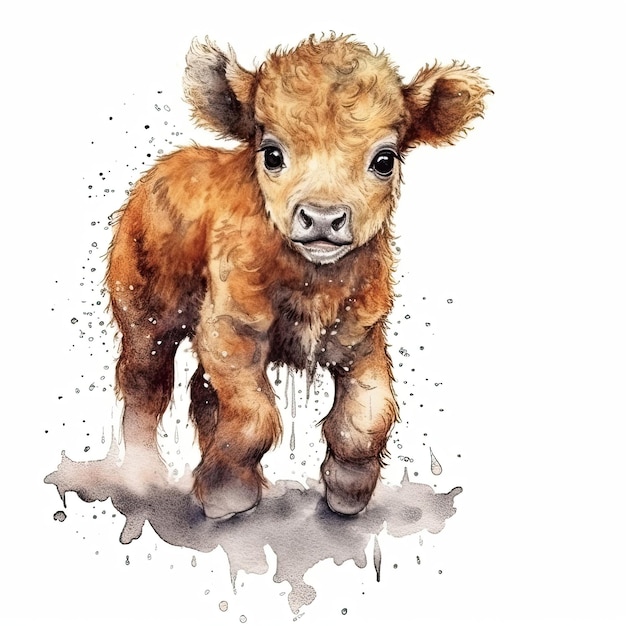 Baby Bison aquarel met inkt omtrek op witte achtergrond hoog gedetailleerde generatieve AI