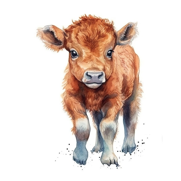 Baby Bison aquarel met inkt omtrek op witte achtergrond hoog gedetailleerde generatieve AI