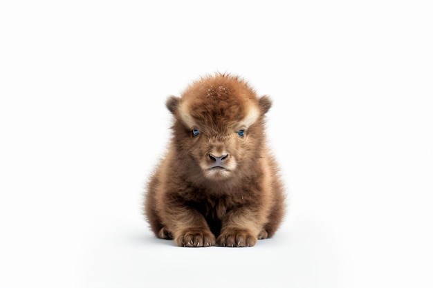 A baby bison is laying down on a white background.