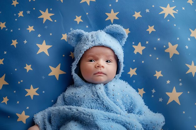 A baby in a blue bear suit laying on a star background