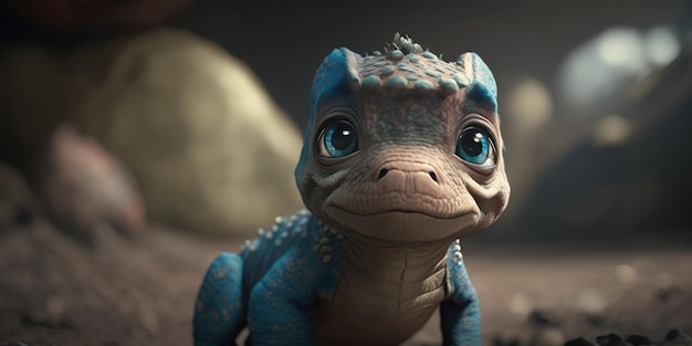 A baby blue dinosaur with a blue face and blue eyes sits on a stone surface.