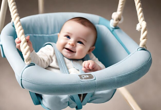 a baby in a blue stroller with a label on it