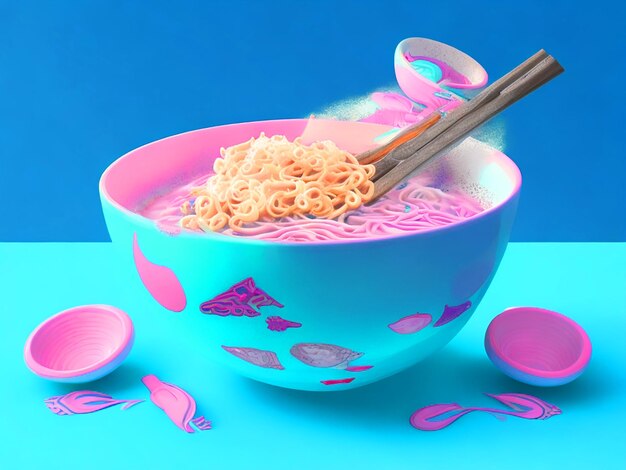 Baby Bluebowl met ramensoup Roze achtergrond extreem gedetailleerde 3D-kunst