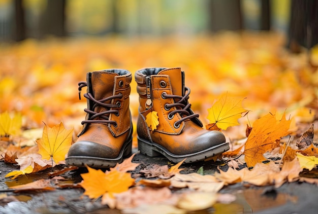 Baby boots in forest Kid shoes with autumn leaves outdoors