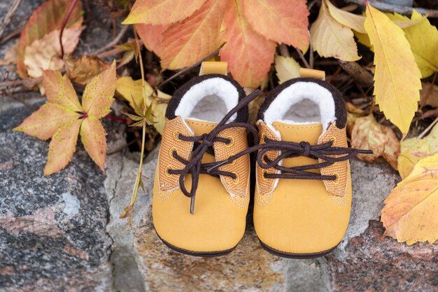 Baby boots in forest. Kid shoes with autumn leaves outdoors.