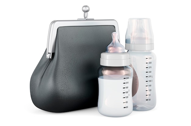 Baby bottles with purse coin 3D rendering