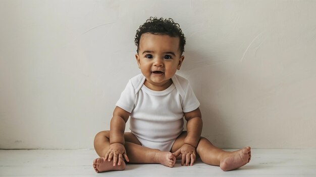 Photo baby boy 9 months in a white bodysuit sitting on a white wall