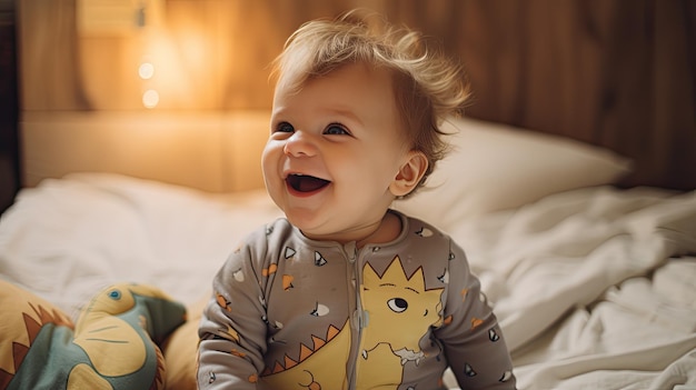 Photo baby boy in dinosaur pajamas