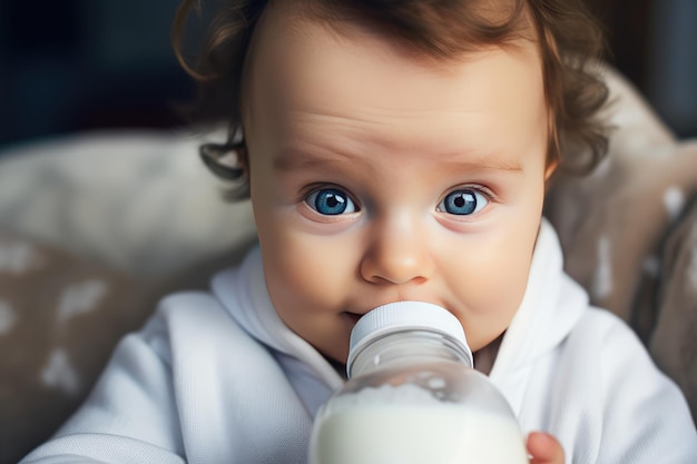 baby boy drinking milk from his baby bottle