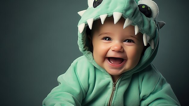 Photo baby boy in funny dinosaur outfit