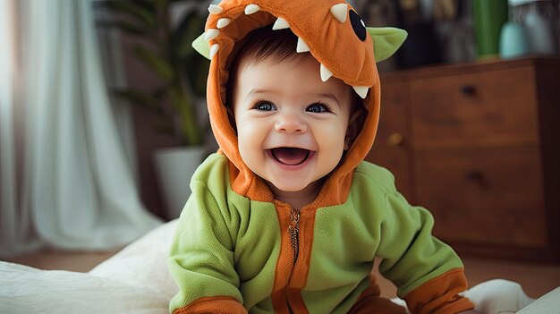 Baby Boy in Funny Dinosaur Outfit