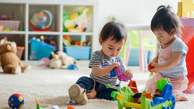 Маленький мальчик и девочка играют в игровой комнате