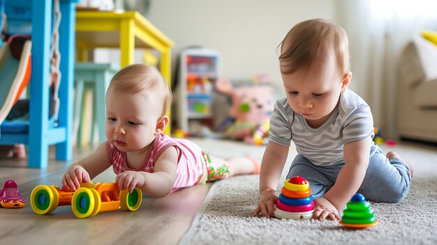 Baby Boy And Girl Playing With Toys In Playroom