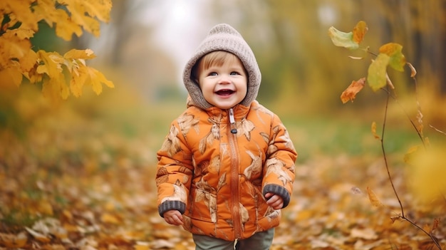 Baby boy laughing and playing outside in the fall while on a nature stroll The Generative AI