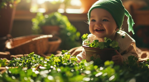 Photo baby boy licking some green shamrocks