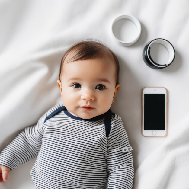 스마트폰으로 침대에 누워있는 아기 소년