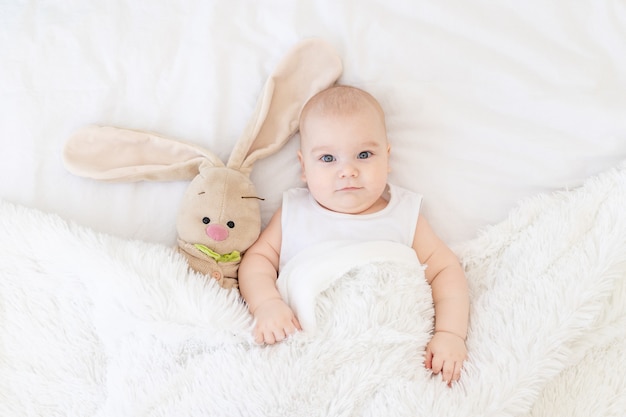 Baby boy lying or waking up in a crib with a bunny toy, cute, funny six-month-old, smiling little baby