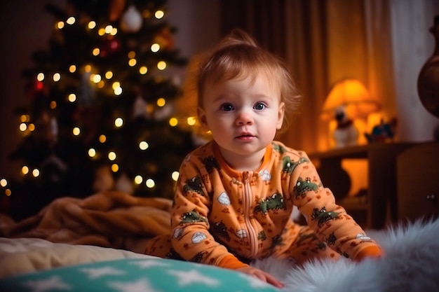 クリスマスツリーの隣にパジャマを着た赤ん坊