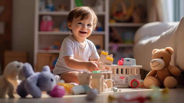 自宅や保育園でカラフルなおもちゃで遊ぶ男の子の幼児教育玩具