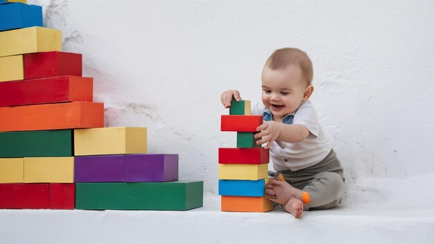 Baby boy playing with a multicolored constructor on a white wall