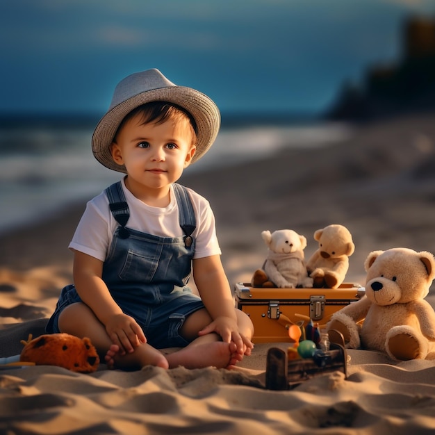 Generative AI를 사용하여 해변 사진 촬영에서 장난감을 가지고 앉아 있는 아기