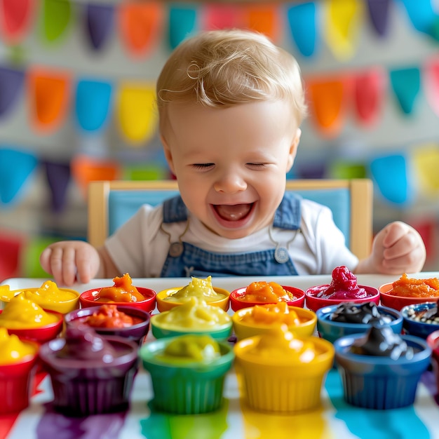 カップケーキを持ったテーブルの前に座っている赤ちゃんの男の子