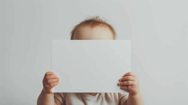 Baby boy sitting with white blank poster perfect for postcard