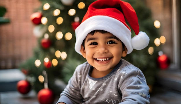 baby boy smiling with santa hat next to the christmas tree