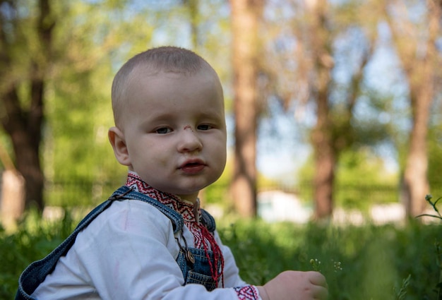 Baby boy in Ukrainian vyshyvanka in the park